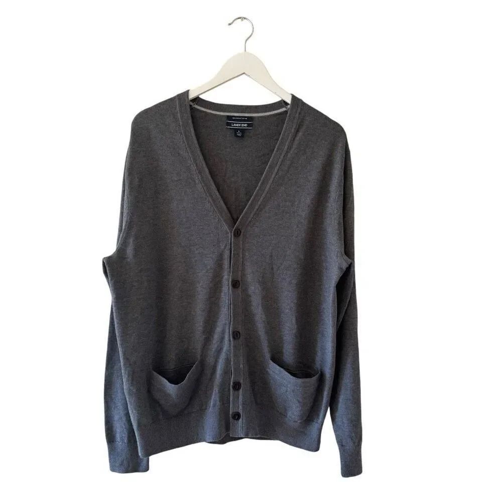 Land's End Gray Preppy Grandpa Classic Cardigan Vneck Long Sleeves SZ L #2299